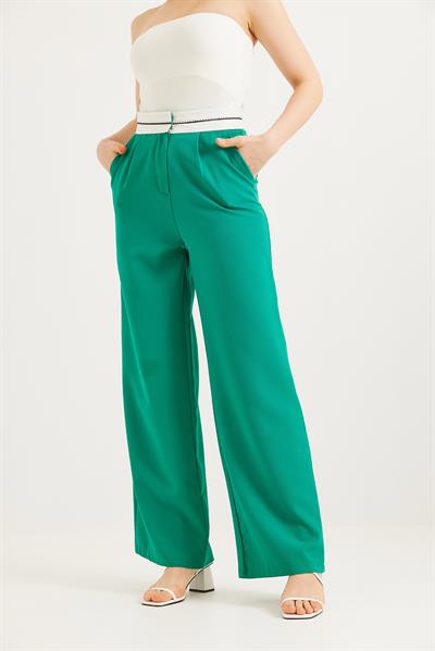 Beli Şeritli Bol Paça Pantolon Yeşil