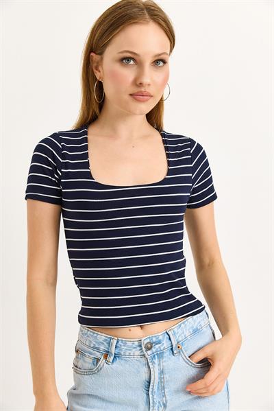 Kare Yaka Likralı Pamuk Bluz Lacivert