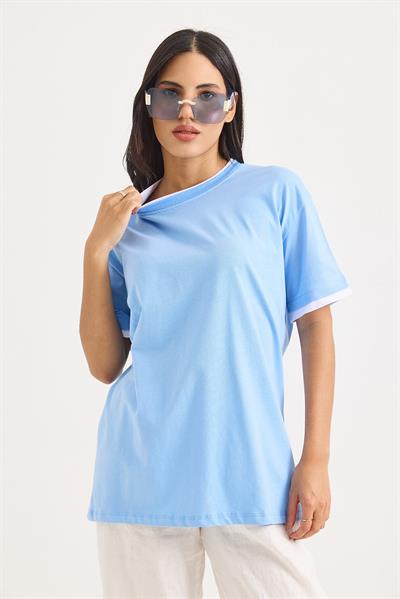 Bisiklet Yaka Kolları Garnili Kadın T-shirt Mavi