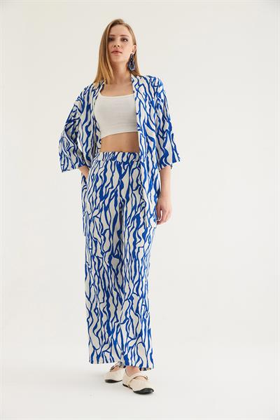 Kimono Pantolon Krinkıl Kadın İkili Takım Mavi