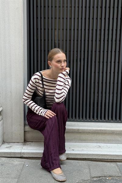 Geniş Paça Pileli Belden Bağlamalı Pantlon Mürdüm