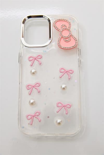 İphone 16 Pro Uyumlu Kurdeleli ve İnci Taşlı Kılıf Pembe