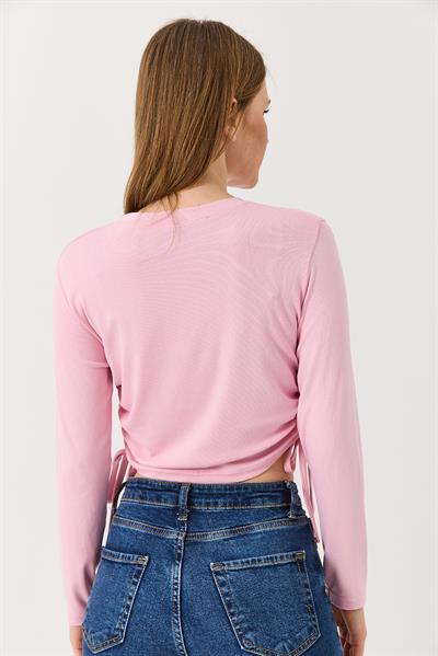 Yanları Büzgülü Uzun Kollu Pembe Bluz 