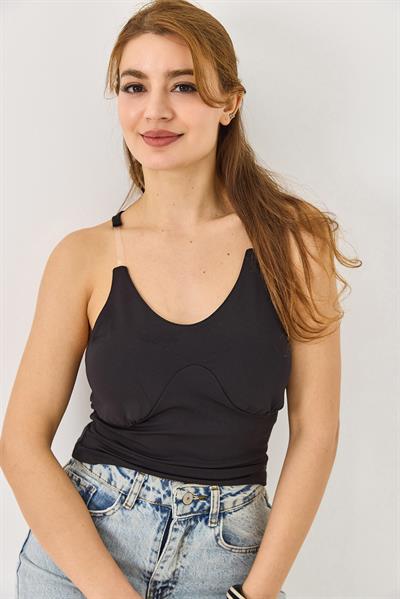 Kadın Göğsü Dolgulu Askılı Crop Bluz Siyah