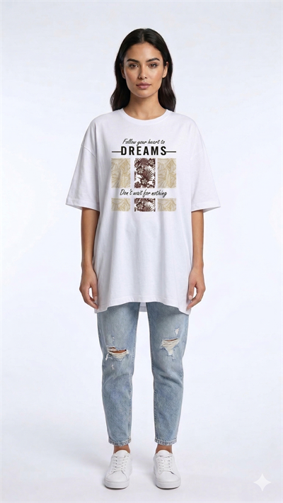 Kadın Bisiklet Yaka Kısa Kollu Baskılı Tshirt Beyaz