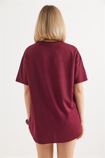 Eteği Oval Kesim Bisiklet Yaka Tshirt Bordo