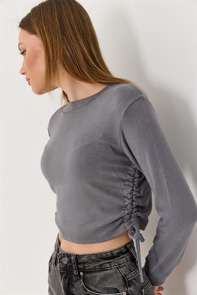 Yanları Büzgülü Uzun Kollu Antrasit Bluz 