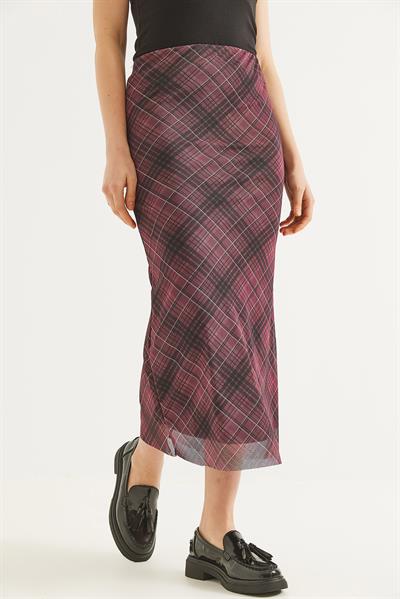 Astarlı Ekose Tül Etek Bordo
