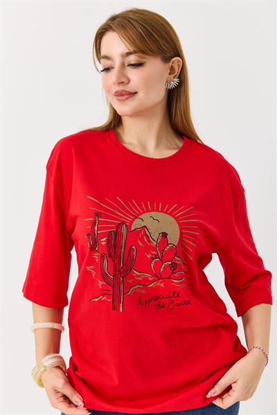 Kadın Çöl Tema Baskılı Bisiklet Yaka Tshirt Kırmızı