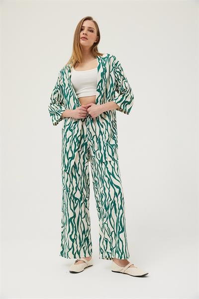 Kimono Pantolon Krinkıl Kadın İkili Takım Yeşil 
