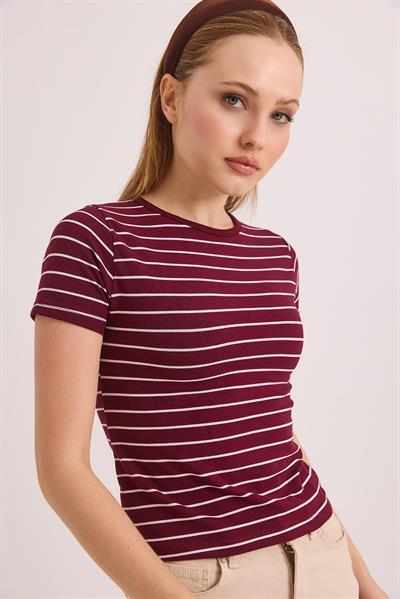 Kısa Kol Likralı Kompak Çizgili Tshirt Bordo
