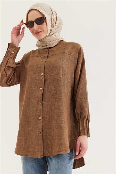 Keten Kumaş Kol Nervül Detaylı Gömlek Tunik Vizon