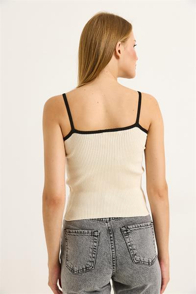 İp Askılı Kadın Triko Crop Bluz Bej