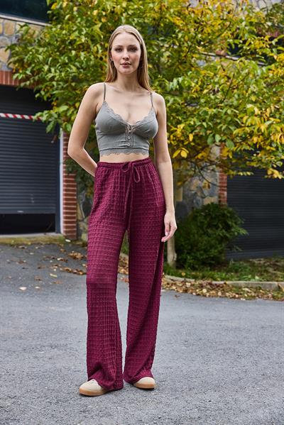 Kadın Bürümcük Salaş Dökümlü Pantalon Bordo