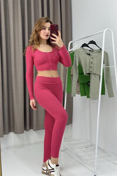 Kadın Düğmeli Crop Tayt İkili Fitilli Takım Pembe 