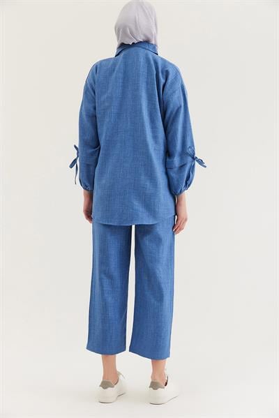 Kol Büzgülü Gömlek Pantolon İkili Takım Mavi