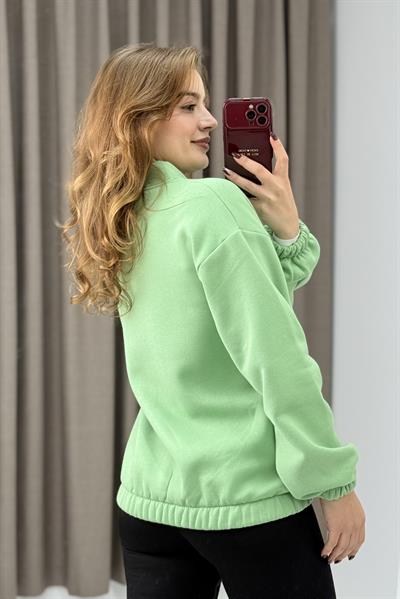 Üç İplik Şardonlu Su Yeşili Beli Lastikli Fermuarlı Hırka