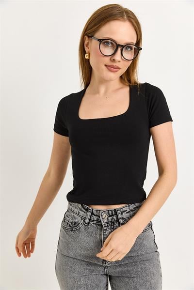 Kare Yaka Likralı Pamuk Düz Siyah Bluz