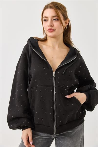 Kadın Taş Detaylı Kapüşonlu 3 İplik Fermuarlı Sweatshirt Siyah