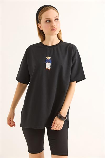 Rahat Kalıp Baskılı Kadın Tshirt Siyah