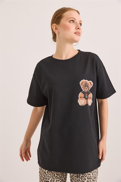 Ön Ve Arka Baskılı İki İp Oversize Örme Tshirt Siyah