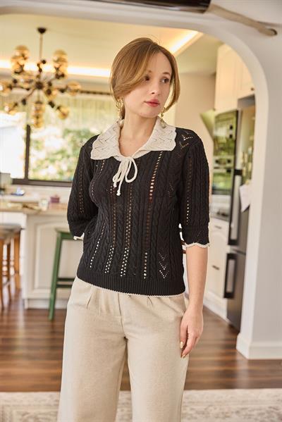 Polo Yaka Ajurlu Triko Bluz Siyah