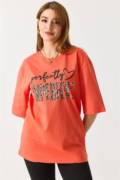 Kadın Bol Kesim Bisiklet Yaka Kısa Kol Tshirt Turuncu