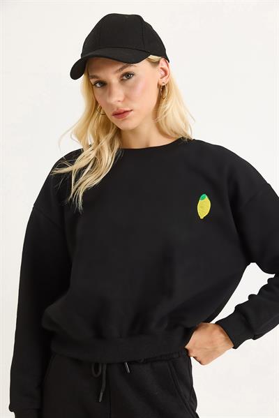 Limon Nakışlı Üç İplik Swetshirt Siyah