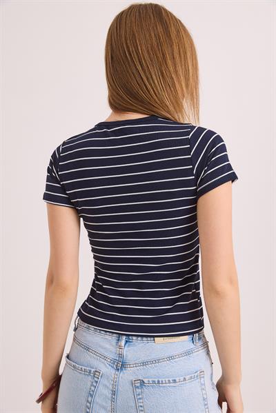 Kısa Kol Likralı Kompak Çizgili Tshirt Lacivert