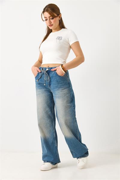 Kadın Beli Lastikli Bol Kesim Kot Pantolon Mavi