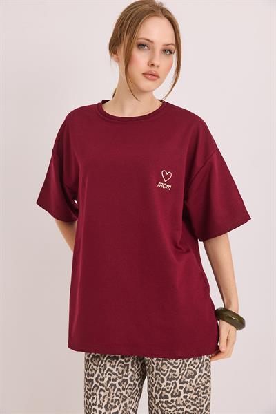 Mom Nakışlı Oversize İki İplik Tshirt Bordo