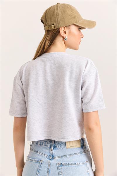 Bisiklet Yaka Havalı Crop İki İp Tshirt Açık Gri
