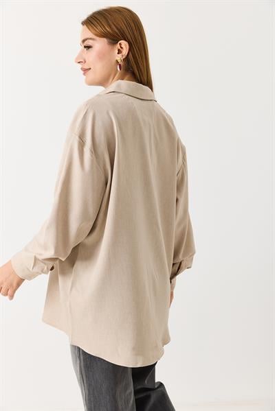 Kadın Oversize Müslin Kumaş Basic Gömlek Bej