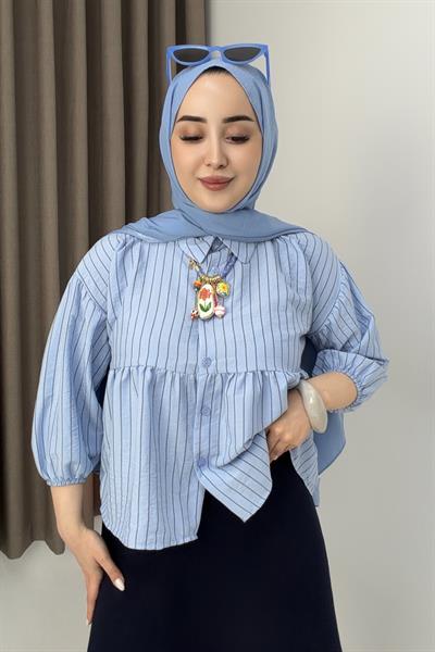 Kadın Çizgili Peplum Kesim Gömlek Bluz Mavi