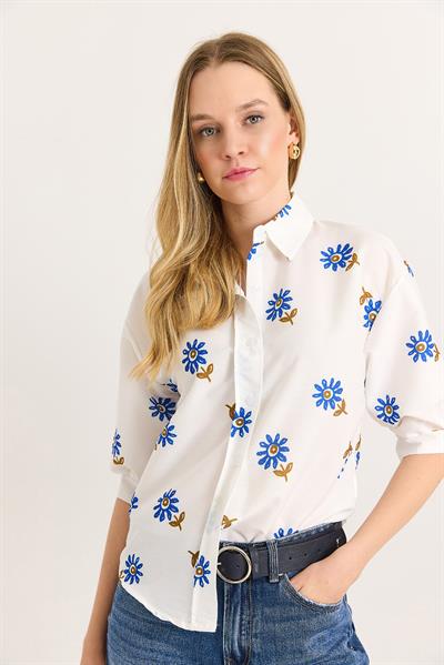 Balon Kol Desenli Kadın Gömlek Mavi Beyaz