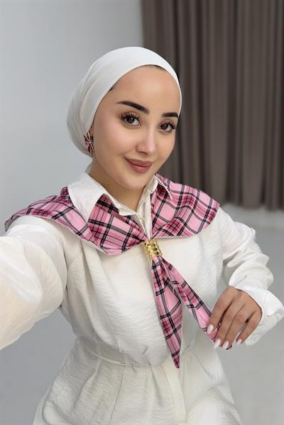 Ekose Bebe Yaka Fular Detaylı Belden Bağlamalı Tunik Gömlek Ekru