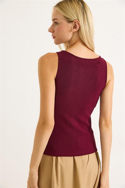 Düğmeli Fitilli Kumaş Kolu Askılı Bluz Bordo