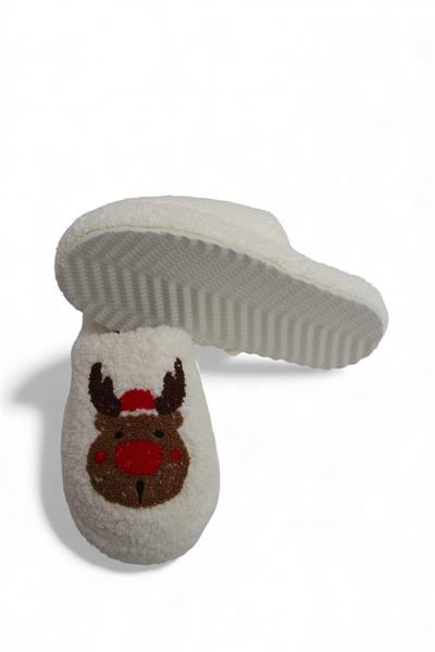 Kadın Yılbaşı Geyik Figürlü Peluş Ekru Ev Terliği