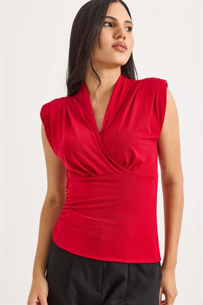 Kruvaze Yaka Vatkalı Sıfır Kol Bluz Kırmızı