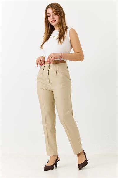 Kadın Havuç Model Yüksek Bel Kalın Kemerli Pantolon Bej