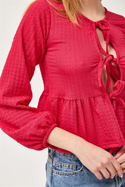 Bağlama Detaylı Esnek Örme Bluz Fuşya