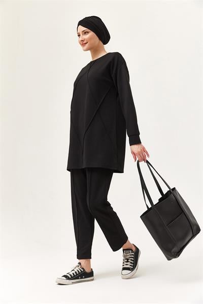 Kadın Çapraz Çizgili İkili Takım Siyah