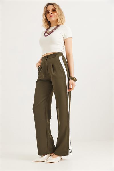 Yanları Şeritli Bol Paça Pantolon Haki