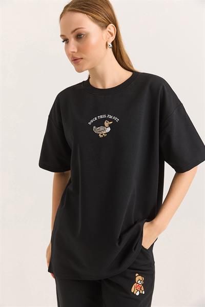 Duck Nakışlı Oversize İki İplik Tshirt Siyah