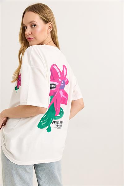 Baskılı Bisiklet Yaka Basic Tshirt Beyaz