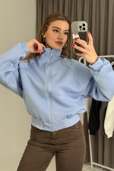 Kadın Fermuarlı Dikiş Detaylı Sweat Mavi