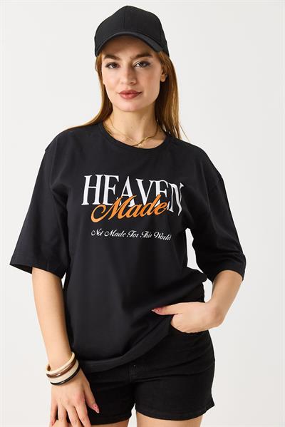 Kadın Kısa Kol Baskılı Basic Tshit Siyah