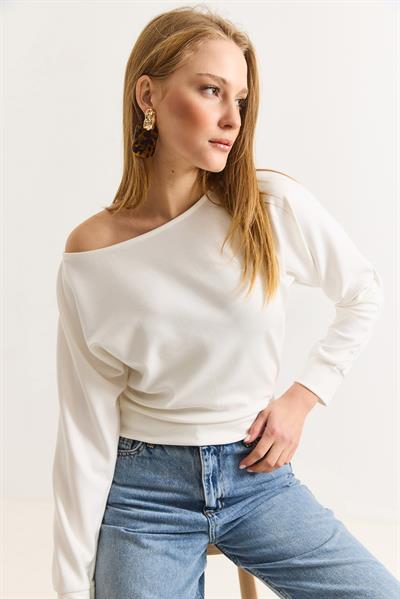 Kadın Beli Bantlı Yarasa Yumuşak Dokulu Bluz KREM