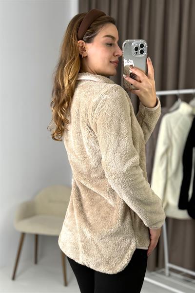 Kadın Yarım Fermuarlı  Welsoft Peluş Vizon Sweatshirt 