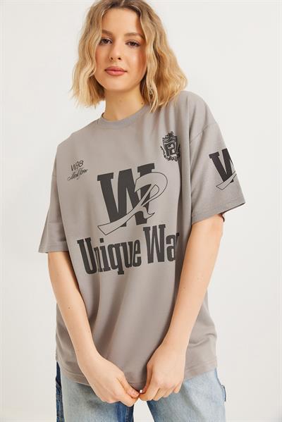 Bisiklet Yaka Baskılı Tshirt Gri